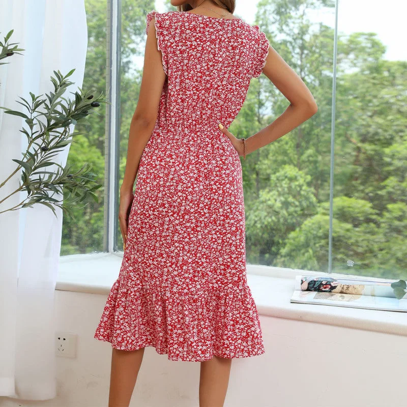 Polyester mini dresses for easy careBerryBetty - Women's European and American floral dress sleeveless print slim dress