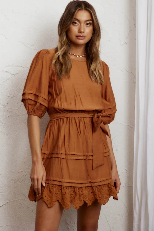 Mini dresses with side slits for a sexy appealLaiken Waist Tie Pintuck Dress Tan