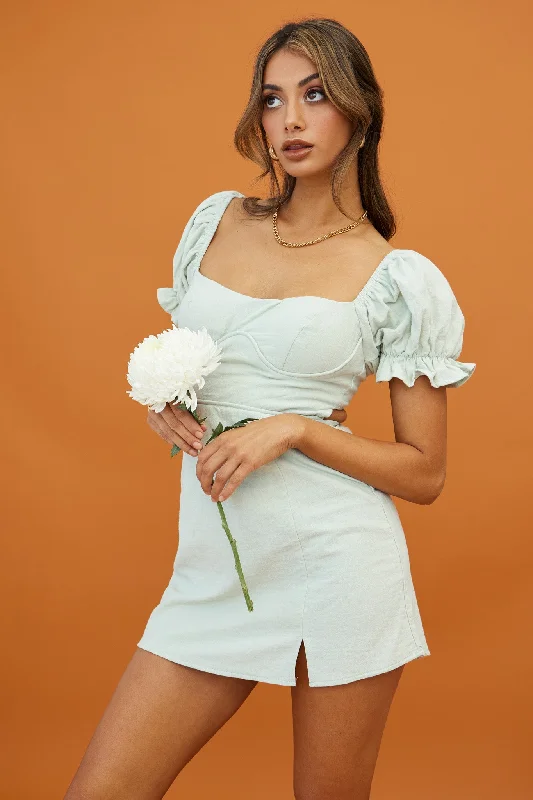 Mini dresses with button - down frontsNorma Jean Puff Sleeve Piping Trim Mini Dress Sage