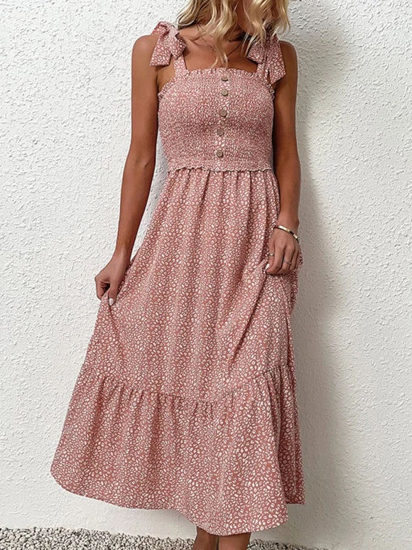 Mini dresses with bow accents for a sweet lookBerryBetty - Pink Floral Dress Tie Ruffle Slip Dress