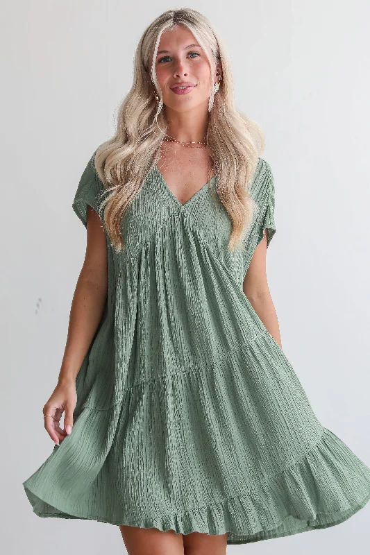 Mini dresses with V - necklines for a flattering shapeFINAL SALE - Pleasant Personality Olive Tiered Mini Dress