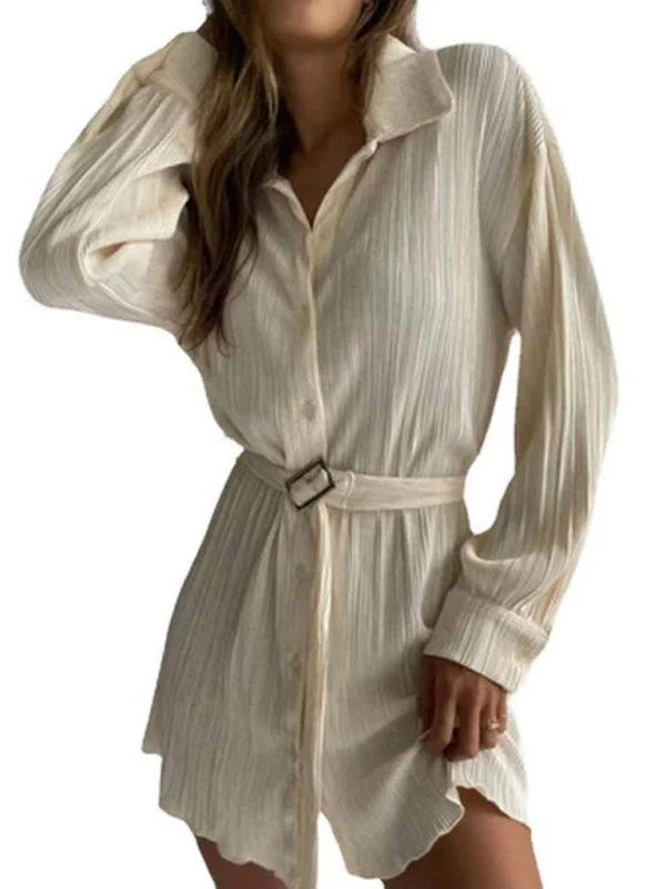 Mini dresses with keyhole necklinesBerryBetty - Pleated Long Sleeve Belted Shirt Casual Fashion Dress