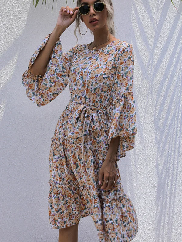 Leather mini dresses for a edgy styleBerryBetty - round neck print lace-up long-sleeve floral dress