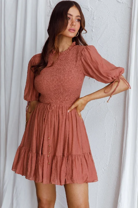 Floral print mini dresses for summer partiesSecret Garden Puff Sleeve Smocked Bodice Dress Mocha