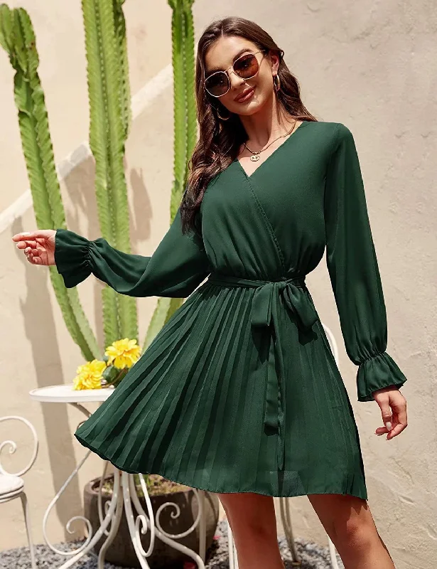 Mini dresses with ruched bodices for a feminine touchSlow Dance Satin Wrap Dress - Hunter Green