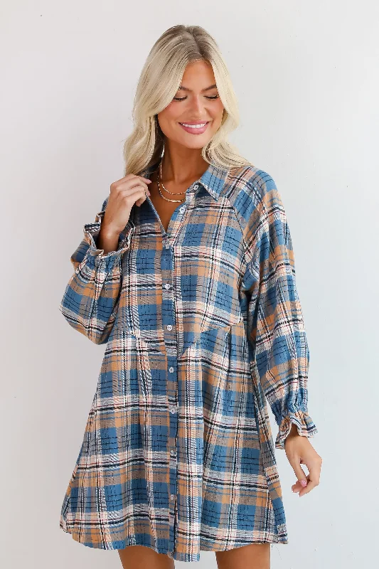 Mini dresses with bow accents for a sweet lookSuperior Aesthetic Blue Plaid Flannel Mini Dress