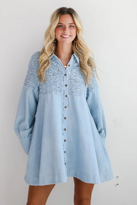 Mini dresses with empire waists for a flattering fitTrendy Aura Light Wash Denim Mini Dress