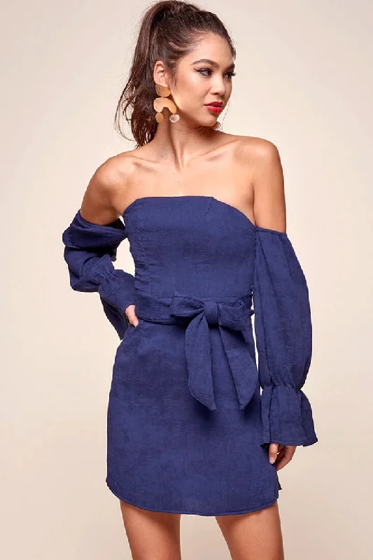 Cotton mini dresses for a comfortable everyday optionVeronica Off the Shoulder Bell Sleeve Dress Navy
