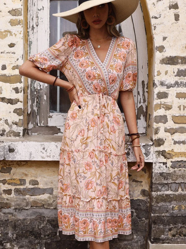 Mini dresses with keyhole necklinesBerryBetty - Vintage Women's Pink Fungus Print V-Neck Midi Dress