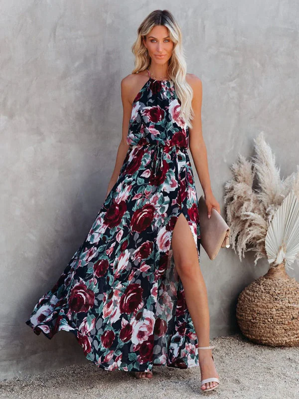 Mini dresses with asymmetric hems for a fashion - forward lookBerryBetty - Women's Flower Print Halter Neck Large Swing Beach Dress Long Dress