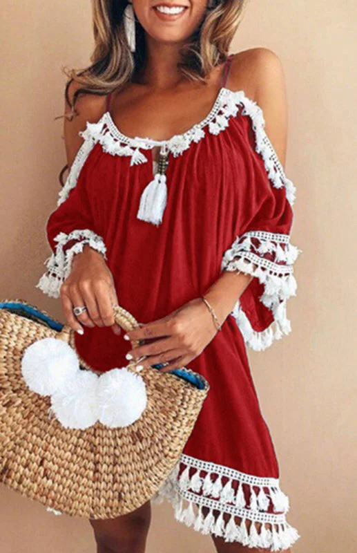 Mini dresses with tiered skirts for added volumeBerryBetty - Women's Halter Off Shoulder Fringed Dress