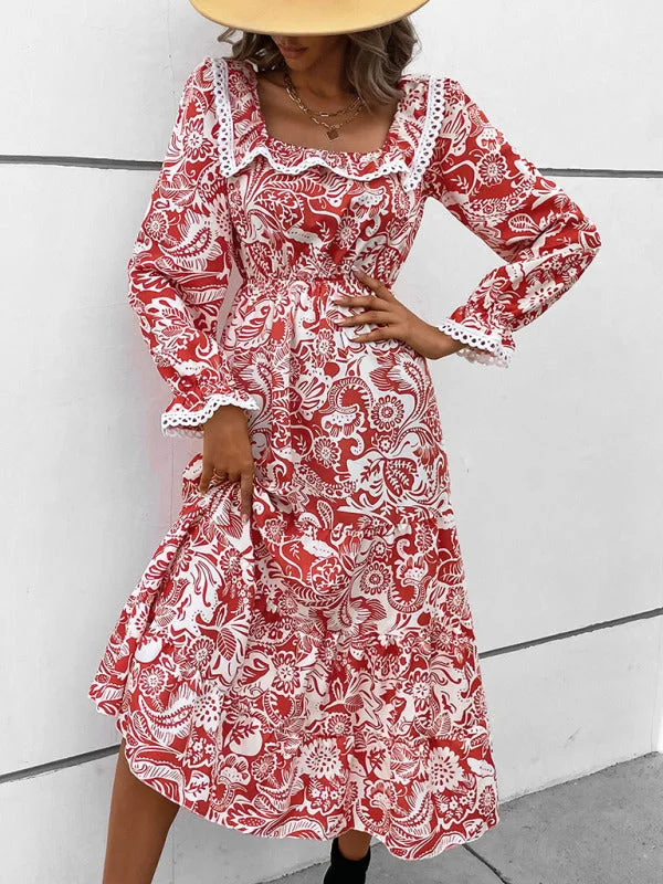 Mini dresses with gathered skirts for a voluminous effectBerryBetty - Women's lace patchwork floral long-sleeved dress