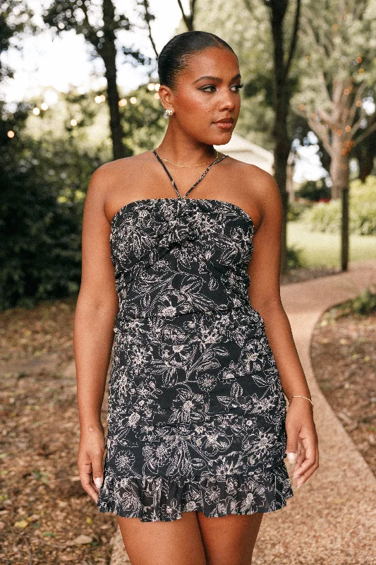 Mini dresses with gathered skirts for a voluminous effectZuri Rosette Mini Dress - Black Floral