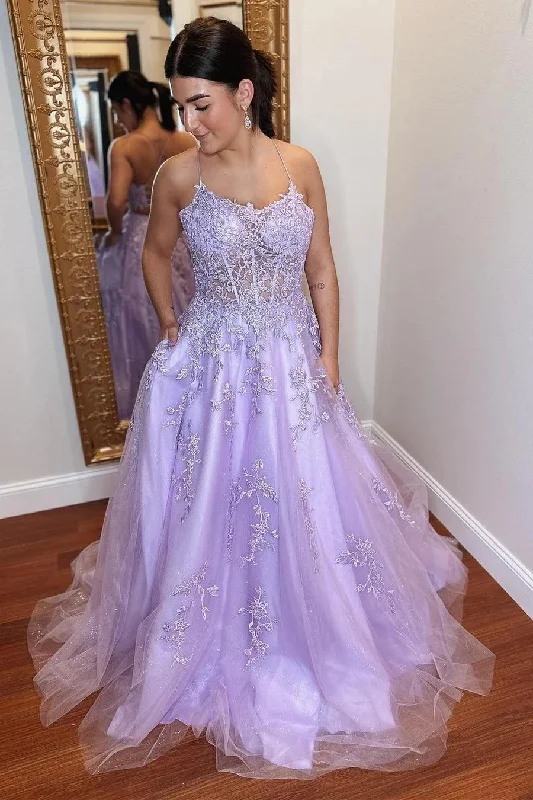 Evening party dresses with a long train for a dramatic entrance​A-Line Lavender Tulle Applique Lace Up Back  Prom Evening Dress PSK429