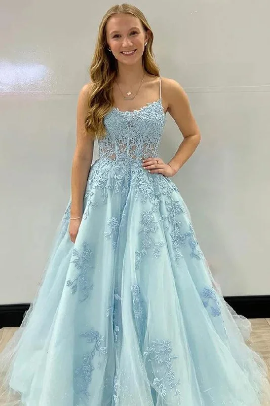 Party dresses with a unique neckline, like a sweetheart or square neck​A-Line Spaghetti Straps Corset Back long Prom Dress With Appliques  PSK435