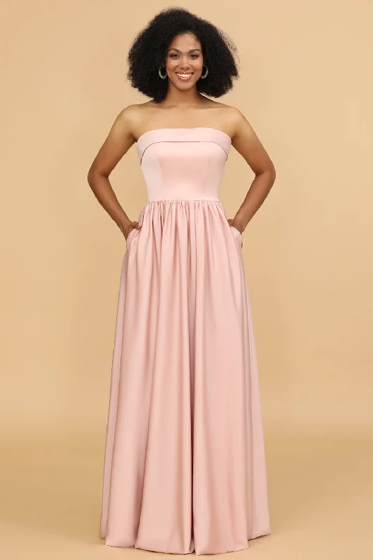 One - shoulder wedding guest dresses with beaded detailsA Line Strapless Blush Satin Long Bridesmaid Dress