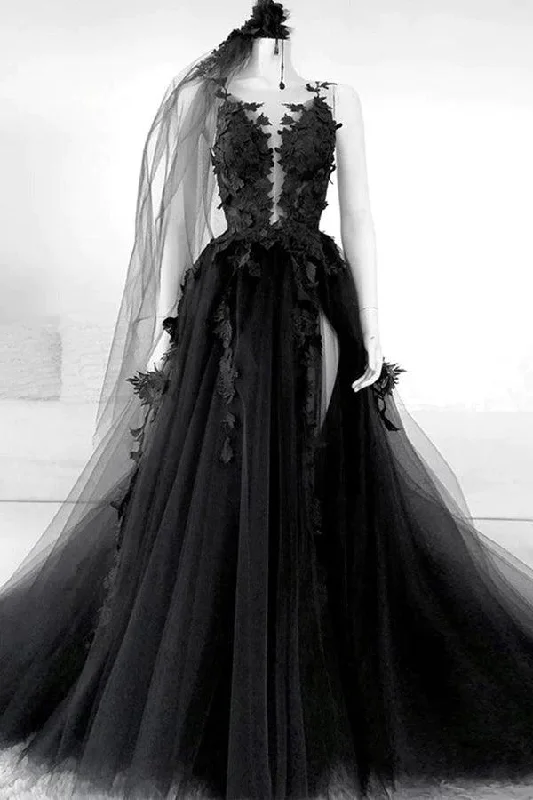 Empire - waist party dresses to accentuate the waistline​A-line V Neck Black Long Prom Dress Floral Evening Dress PSK431