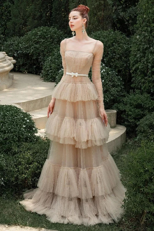 Prom party dresses with a glamorous and elegant aesthetic​Aura Layered Square Neck Tulle Floor Length Dress