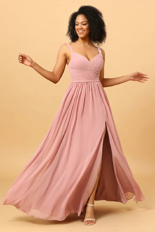 Wedding guest dresses with fringe accents for a bohemian - inspired weddingBeautiful A Line Blush Long Bridesmaid Dress with Split Front