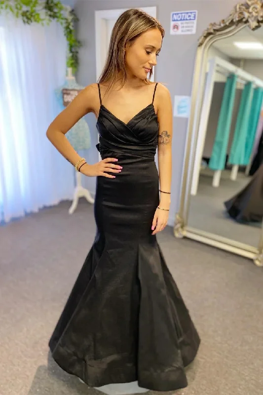Party dresses with a handkerchief hem for a unique and flowing style​Satin Surplice Pleated Straps Black Long Prom Dress with Bow PSK437