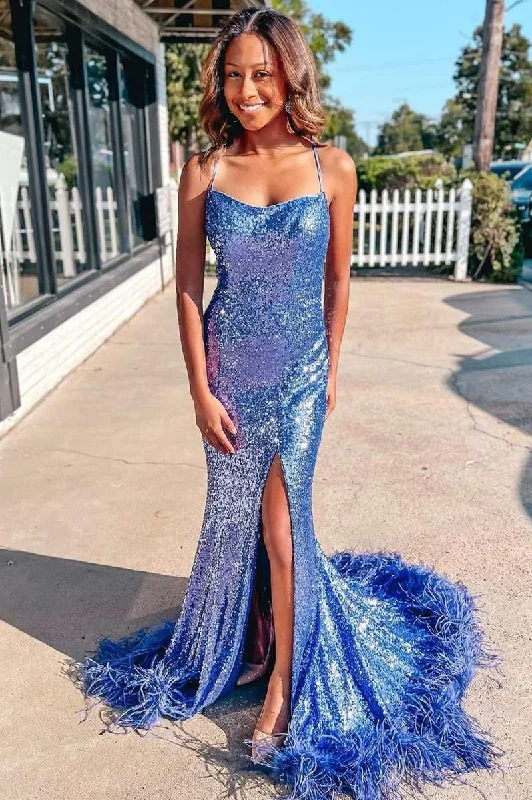 Cocktail party dresses in a classic little black dress style​Blue Sequin Feather Back Mermaid Sparkly Long Prom Dress with Slit  PSK419