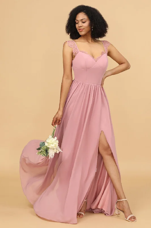 Mini wedding guest dresses with glittery accents for a trendy lookBlush Long Chiffon Bridesmaid Dress with Lace