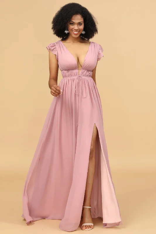 Off - the - shoulder wedding guest dresses in chiffonBlush V-Neck Long Chiffon Bridesmaid Dress