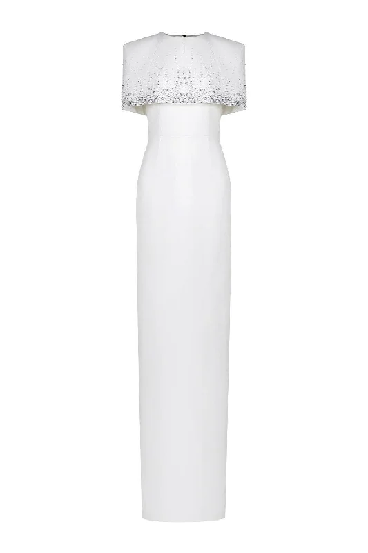 Party dresses with a fringed detail for a fun and dynamic style​Bradford Sheath Back Slit Crepe Floor Length Dress
