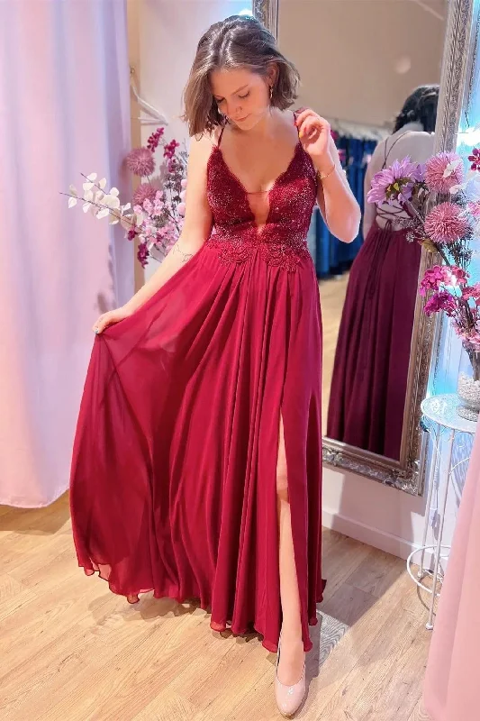 Party dresses with a geometric pattern for a contemporary look​Burgundy Plunging V Neck Beaded Appliques Long Prom Dress with Slit  PSK414