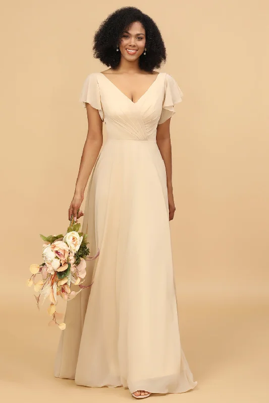 Satin wedding guest dresses with side slits for a sexy touchChampagne Cap Sleeves Long Chiffon Bridesmaid Dress