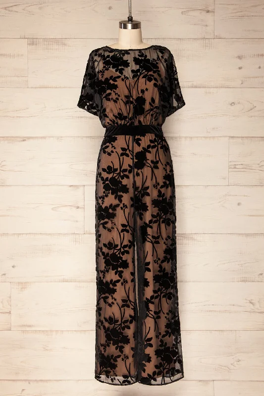 Wedding guest dresses with tiered skirts for a feminine lookCharleroi | Beige Jumpsuit w/ Black Floral Overlay