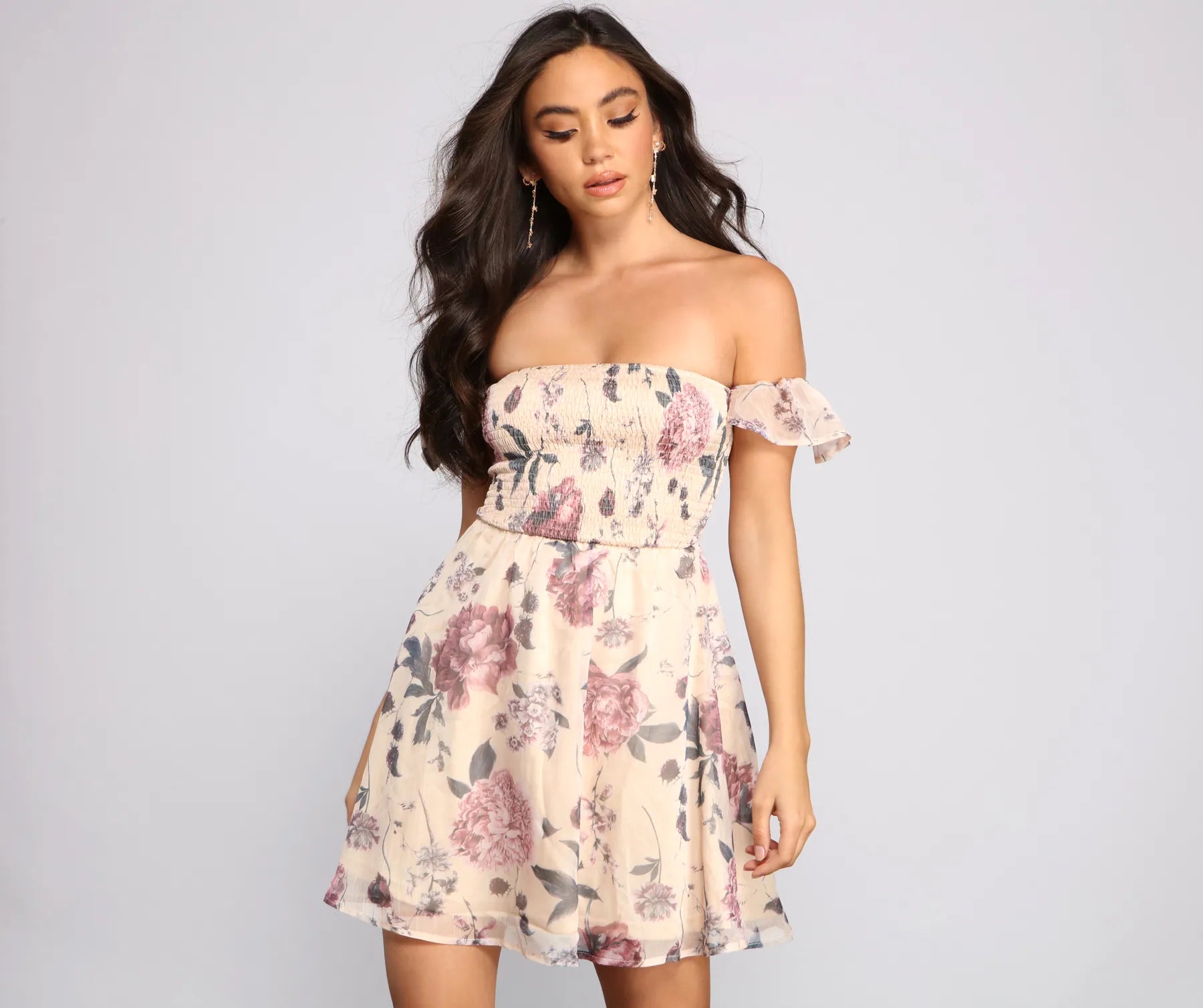 Sleeveless wedding guest dresses with pleated bodicesChic Floral Chiffon Off The Shoulder Mini Dress