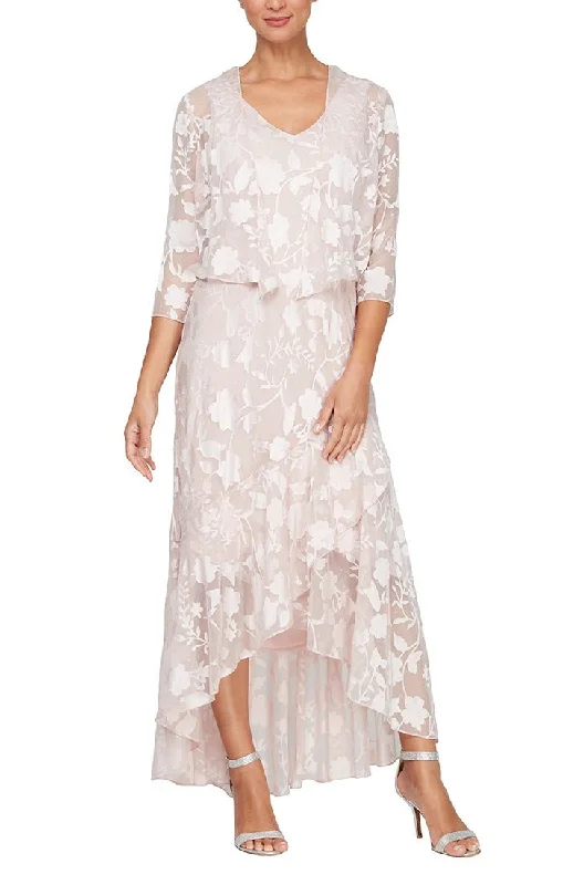 Wedding guest dresses with empire waists and tulle skirtsChiffon Jacket Dress with High/Low Tulip Hem Skirt & Open Cascade Jacket