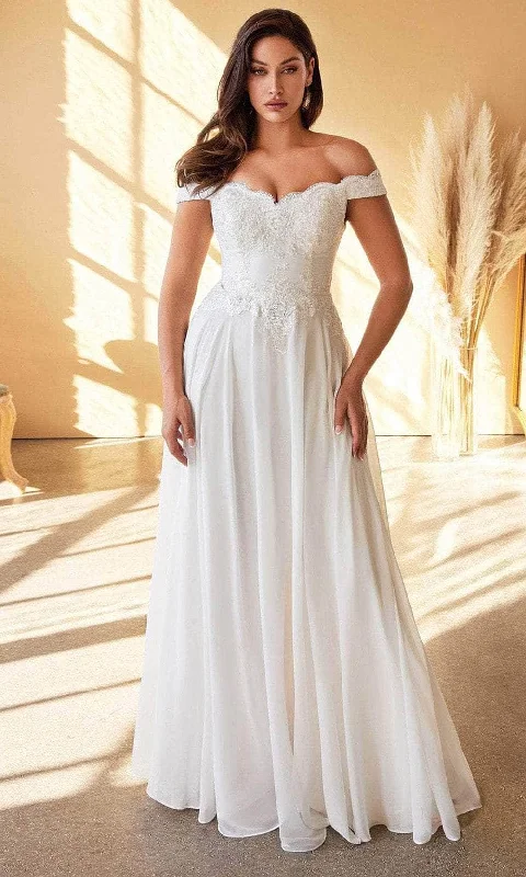 Silk wedding dresses with a smooth and luxurious feel​Cinderella Divine 7258W - Off Shoulder Floor Length Bridal Dress