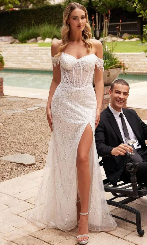 Short - length wedding dresses with a flirty skirt​Cinderella Divine CD0203W - Off-Shoulder Bridal Gown with Sequin Embellishments