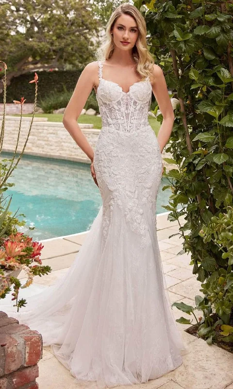 High - low hem wedding dresses for a trendy twist​Cinderella Divine CDS432W - Sleeveless Bridal Dress with Lace Detailing