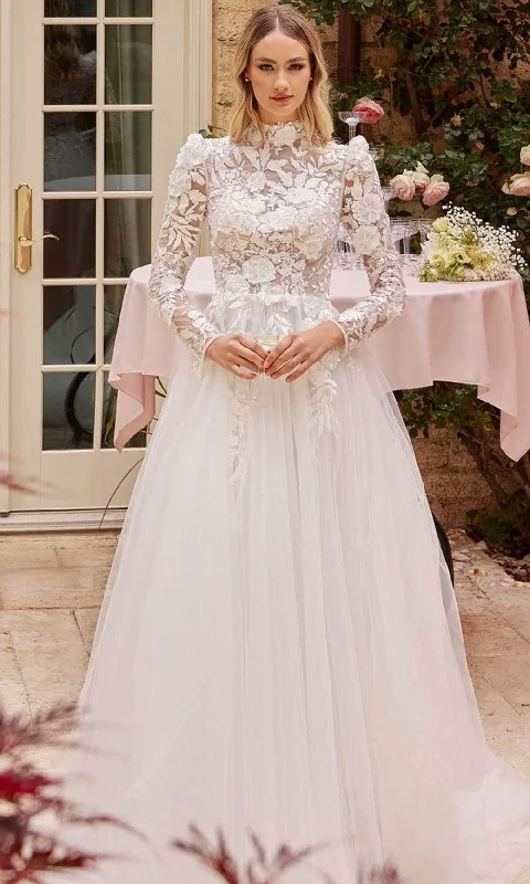 Off - the - shoulder wedding dresses with ruffled sleeves​Cinderella Divine CDS433W - Bridal Gown with Long Sleeves and Lace Appliques