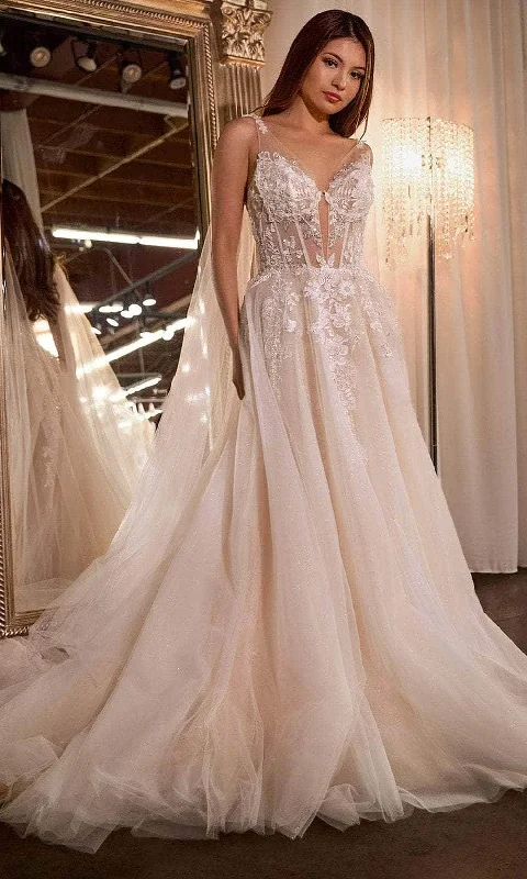 Long - train wedding dresses with a sweep train option​Cinderella Divine CDS476W - Illusion V-Neck Bridal Drress