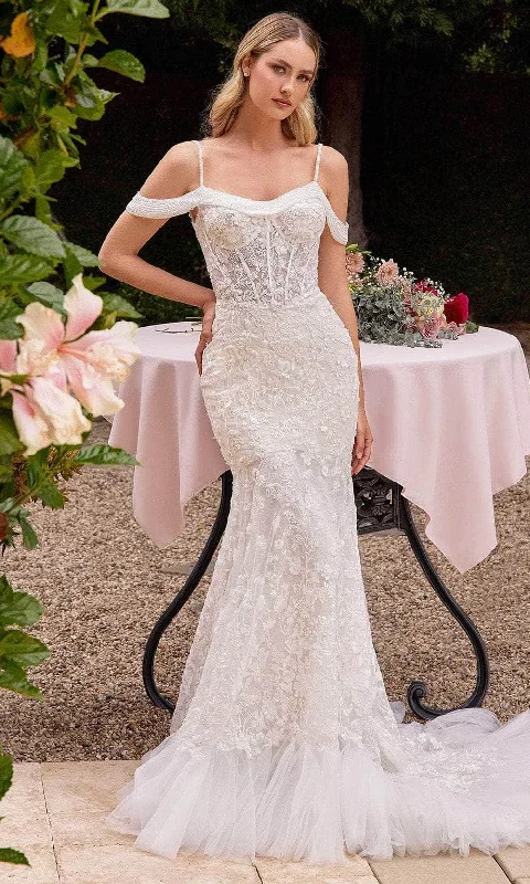 A - line wedding dresses with a beaded neckline​Cinderella Divine CK703W - Embroidered Spaghetti Straps Bridal Gown