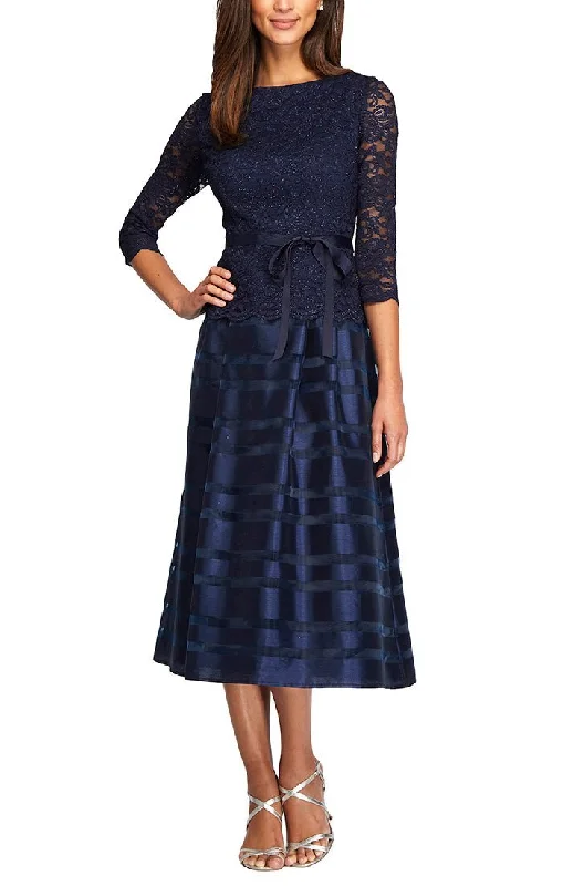 Wedding guest dresses with cold - shoulder ruffled sleeves and knee - length hemsCocktail Dress with Lace Bodice, Illusion 3/4 Sleeves & Striped Organza Skirt