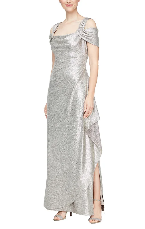 Animal - print wedding guest dresses in subtle colors for a bold statementLong Metallic Knit Cowl Neck Cold Shoulder Dress With Cascade Detail Skirt