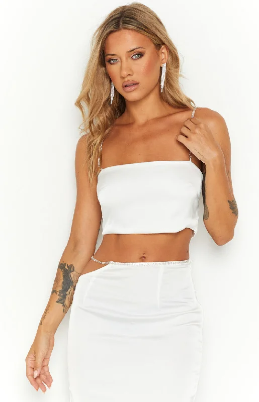 Wedding guest dresses with ruched bodices and spaghetti strapsConfetti White Crop Top