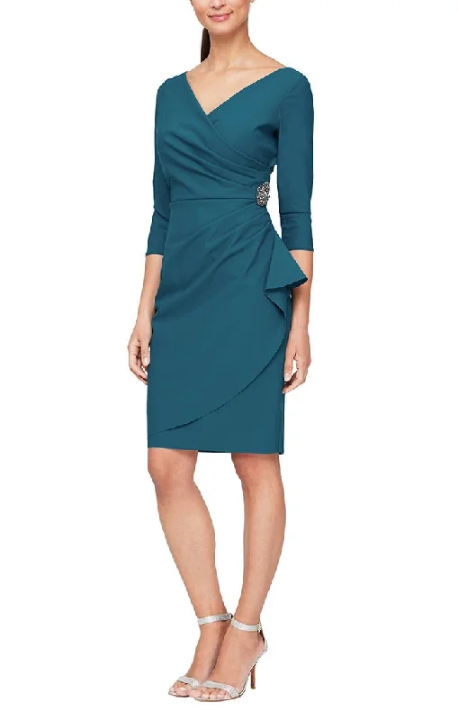 Sequined wedding guest dresses for an evening wedding3/4 Sleeve Short Compression Collection Surplice Sheath Dress with Beaded Hip Detail & Cascade Ruffle Detail