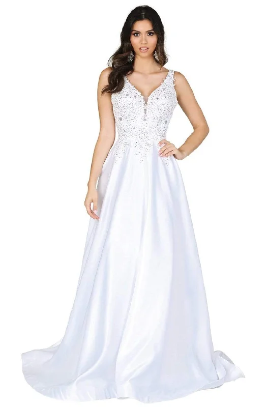 Lace - covered wedding dresses with a scalloped hem​Dancing Queen - 139 Embellished Plunging V-Neck Wedding Gown