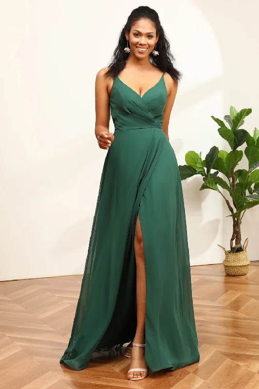 Off - the - shoulder wedding guest dresses in chiffonDark Green Spaghetti Straps Bridesmaid Dress With Lace