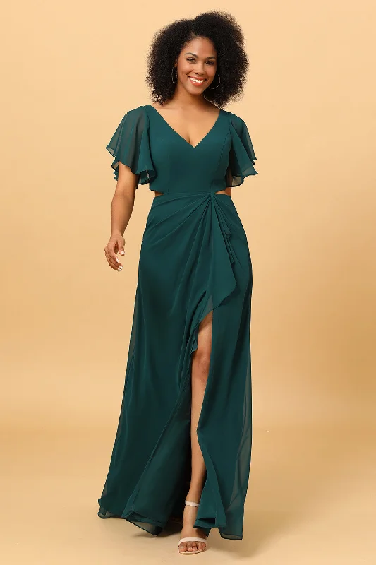 Wedding guest dresses with abstract prints and long trainsDark Green V-Neck Long Chiffon Bridesmaid Dress with Ruffles