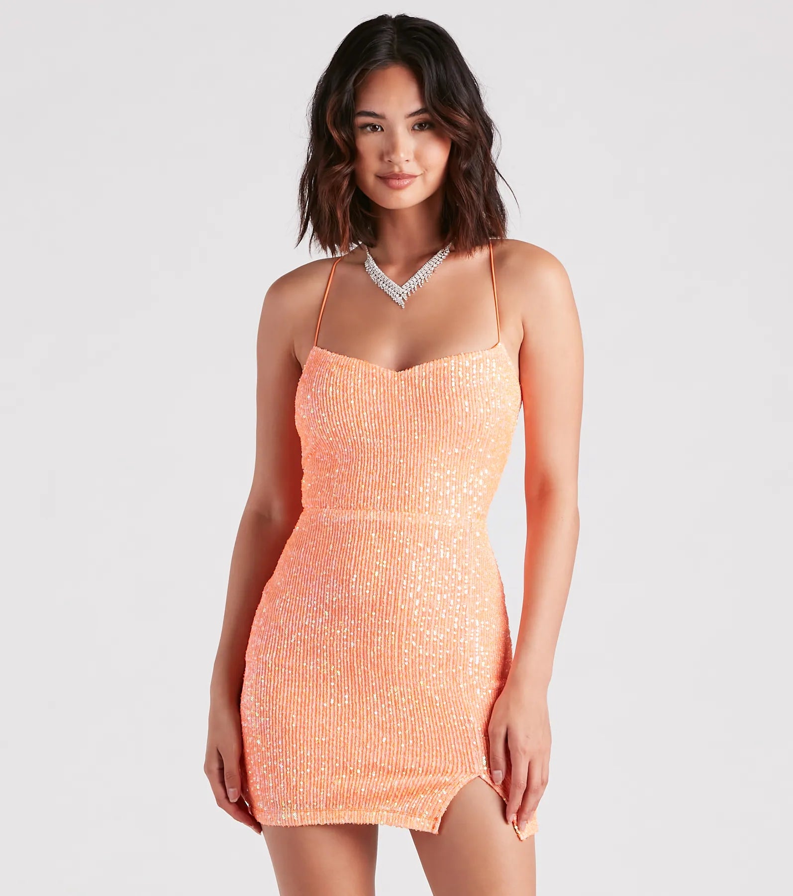 Bodycon dress with a belted waist for a defined figure​Dazzle Down Sequin Lace-Up Mini Dress