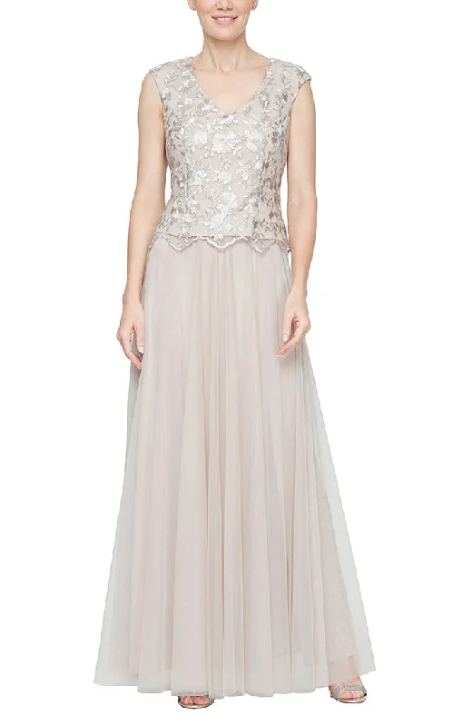 Wedding guest dresses with puff sleeves and knee - length hemsLong V-Neck Stretch Tulle Embroidered Mock  Dress with Cap Sleeves and Full Skirt