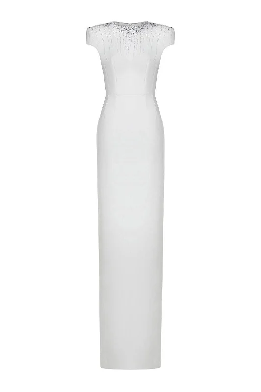 Sheath party dresses in a bold color for a statement - making outfit​Fiona Sheath Stone Crepe Floor Length Dress
