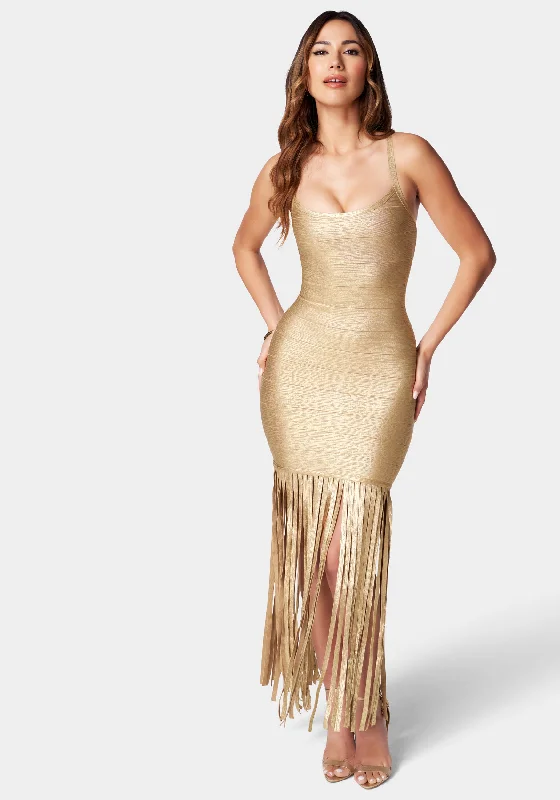 Bodycon dress with a button - down front​Fringe Foiled Bandage Dress